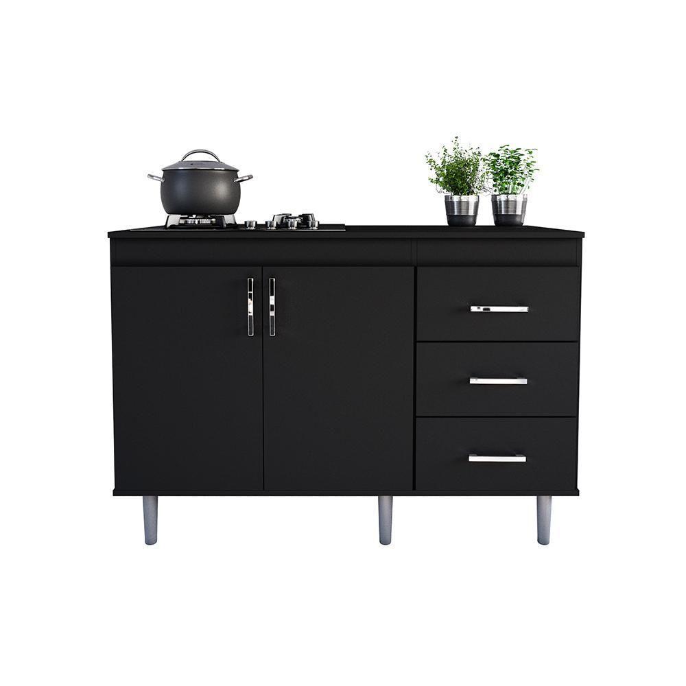 Balcão Em Mdp Para Cooktop 1,20m 5 Bocas 2 Portas E 3 Gavetas Turim Preto Preto - 4