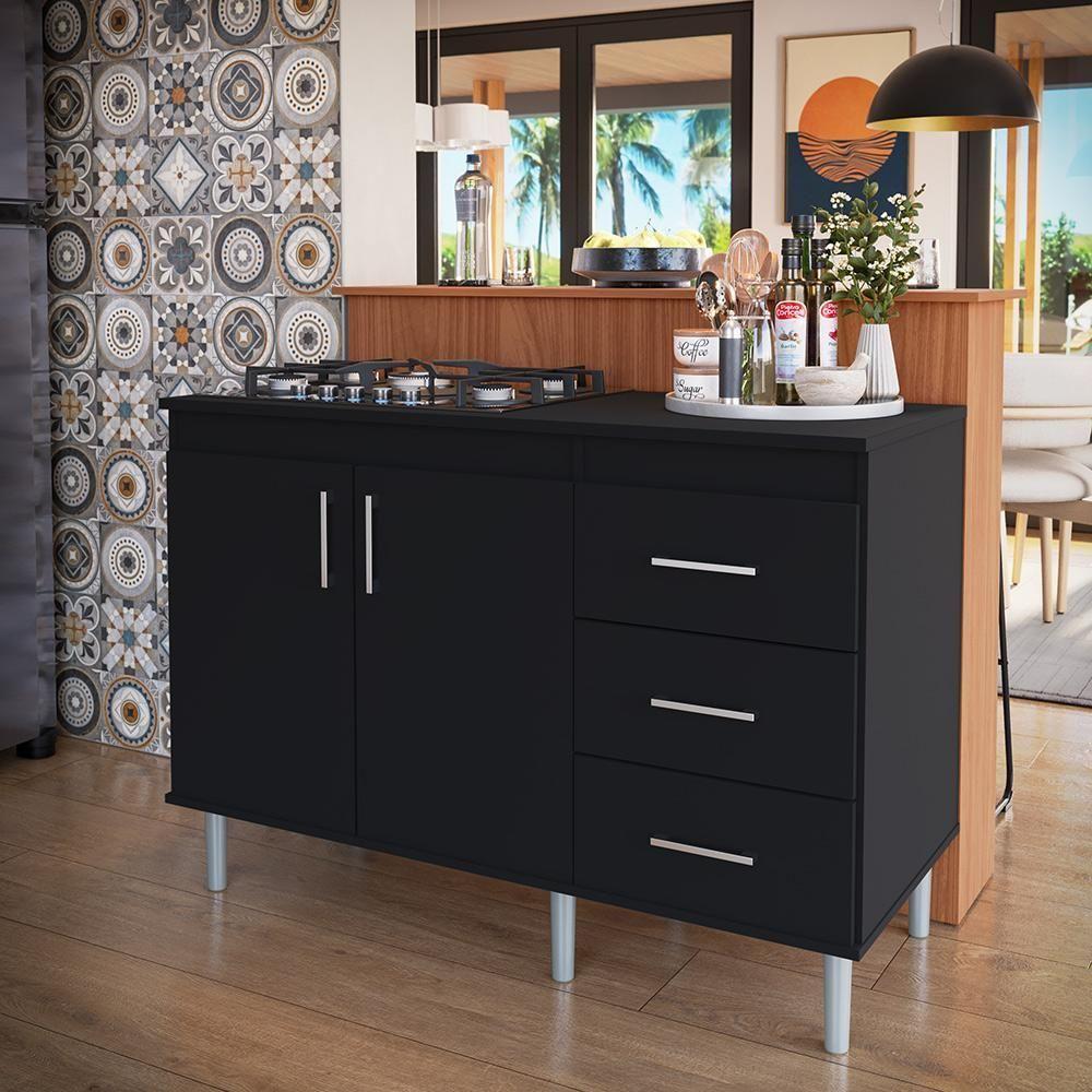 Kit Bancada Ilha Para Cozinha + Balcão Para Cooktop 1,20m 5 Bocas 2 Portas E 3 Gavetas Turim Preto Preto - 1