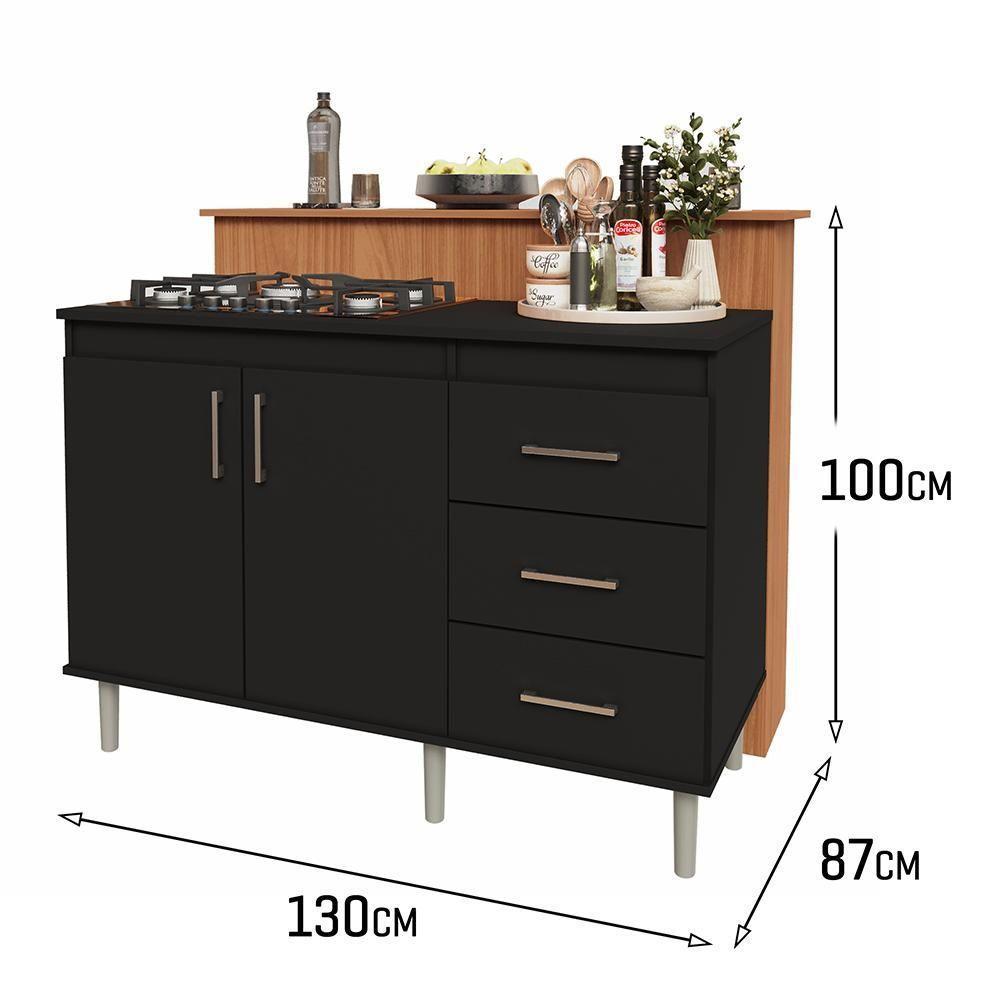Kit Bancada Ilha Para Cozinha + Balcão Para Cooktop 1,20m 5 Bocas 2 Portas E 3 Gavetas Turim Preto Preto - 3