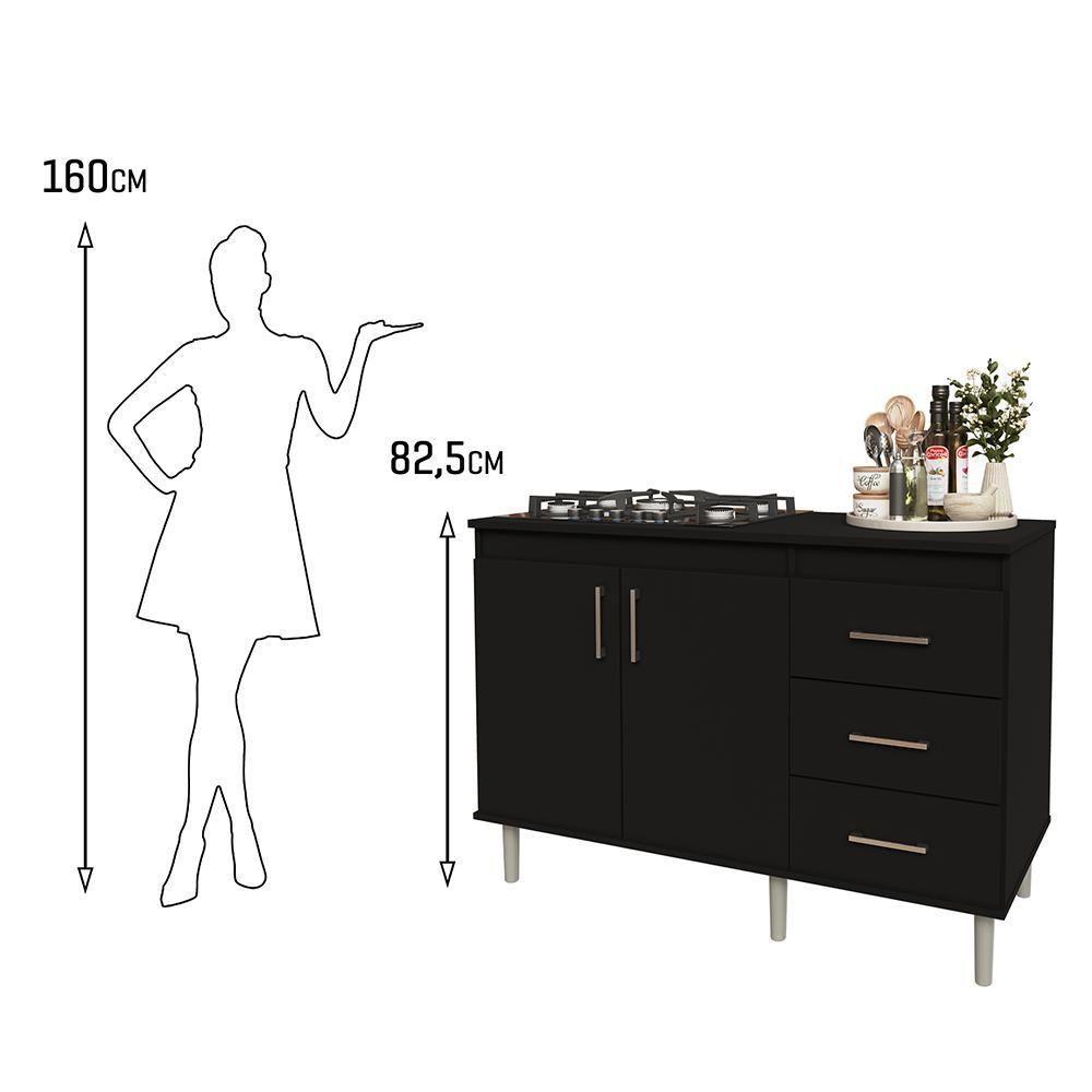 Kit Bancada Ilha Para Cozinha + Balcão Para Cooktop 1,20m 5 Bocas 2 Portas E 3 Gavetas Turim Preto Preto - 4