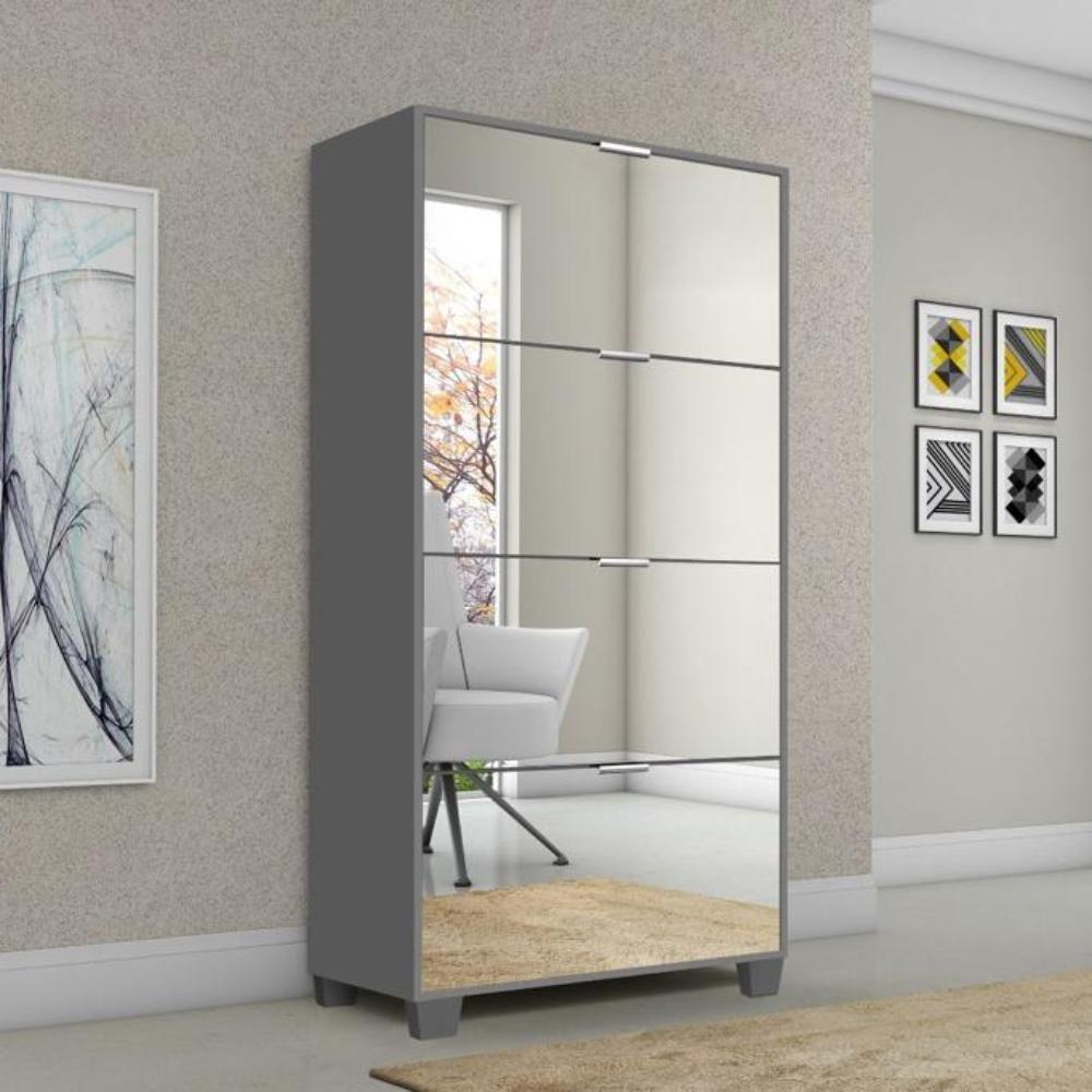 Sapateira Armário Multiuso Pequim - Mdp 4 Gavetas Com Espelhos Cinza - Rede Móveis - 2