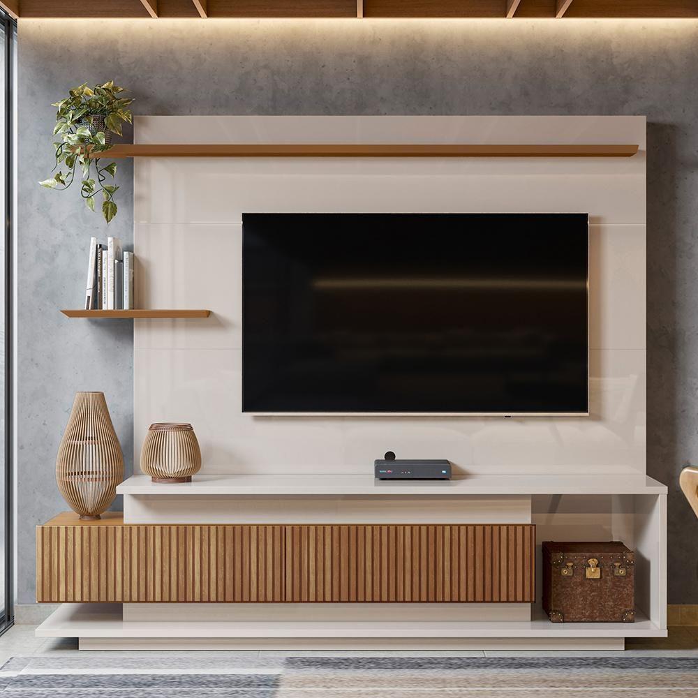 Estante Home Para Tv Até 65 Polegadas Com 2 Portas Efeito Ripado 3d Off White Perolizado-jequitiba Off White Perolizado-jequitiba - 1