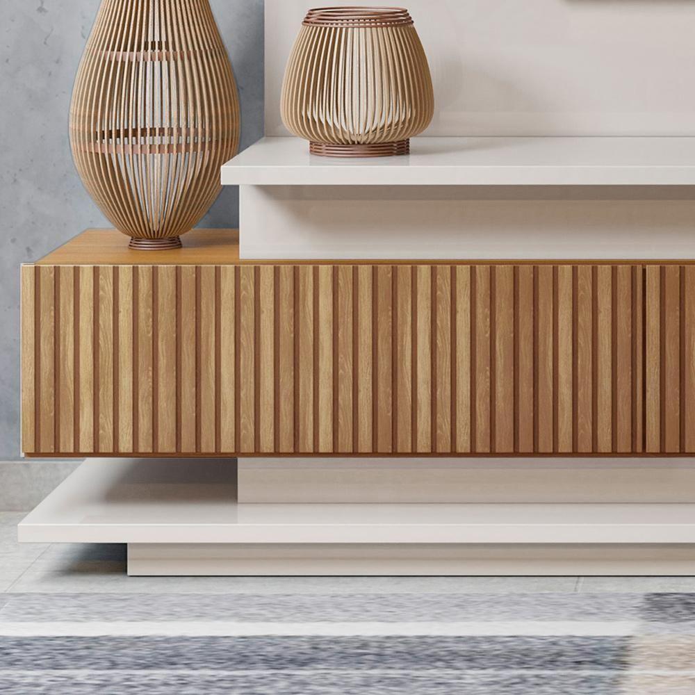 Estante Home Para Tv Até 65 Polegadas Com 2 Portas Efeito Ripado 3d Off White Perolizado-jequitiba Off White Perolizado-jequitiba - 6