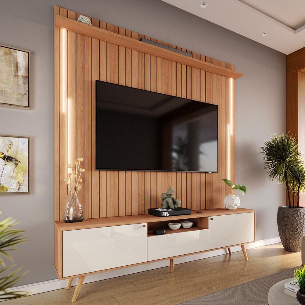 Rack Com Painel Sevilla Led Efeito Ripado 3d Para Tv Até 70 Polegadas 183cm Jequitibá-off White - 1