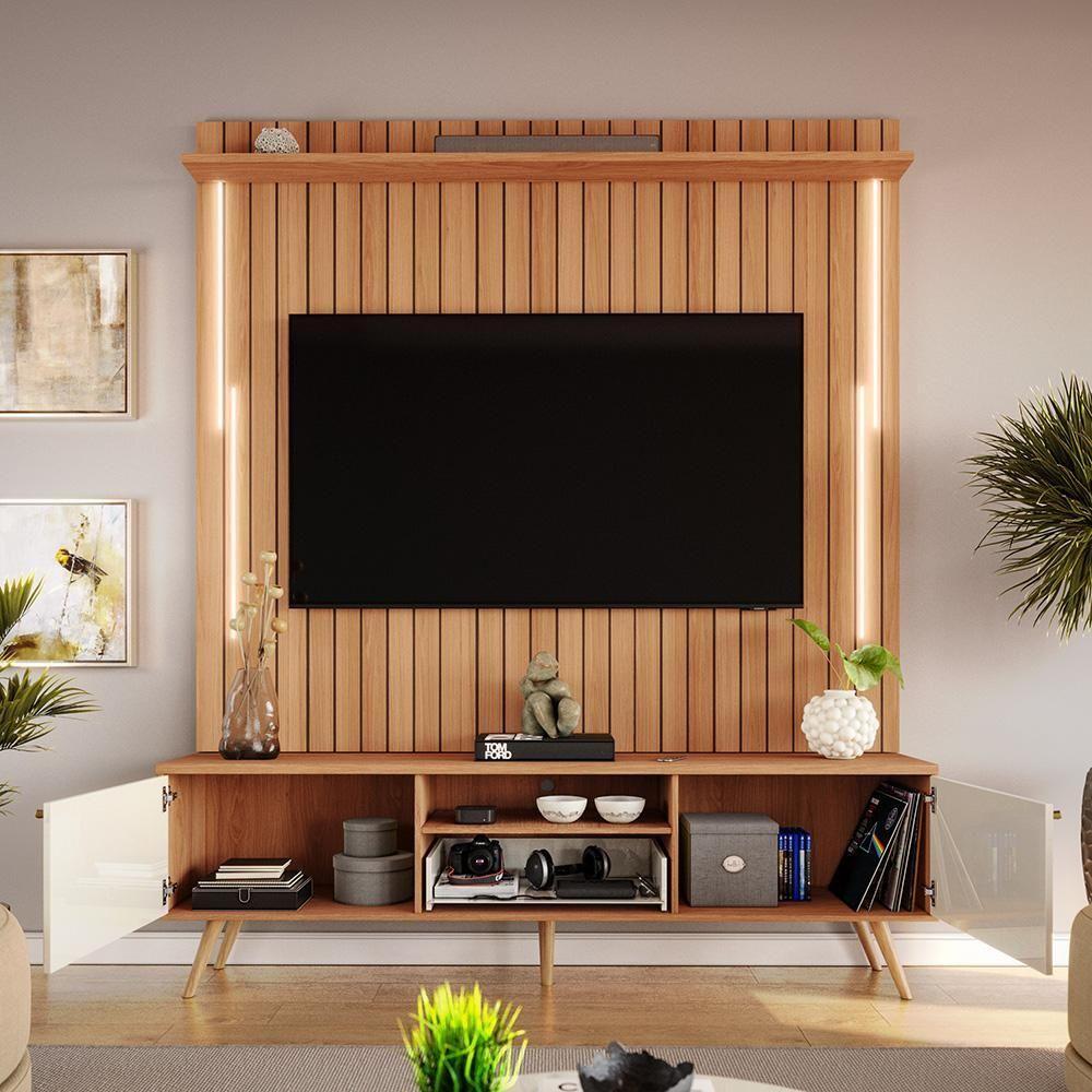 Rack Com Painel Sevilla Led Efeito Ripado 3d Para Tv Até 70 Polegadas 183cm Jequitibá-off White - 3