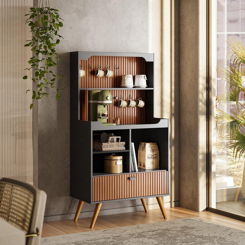 Cantinho Do Café Rubi - 1 Porta Basculante E Pés Em Madeira Preto Fosco-tauari Ripado - Lukaliam Móveis Preto Fosco-tauari Ripado - 1