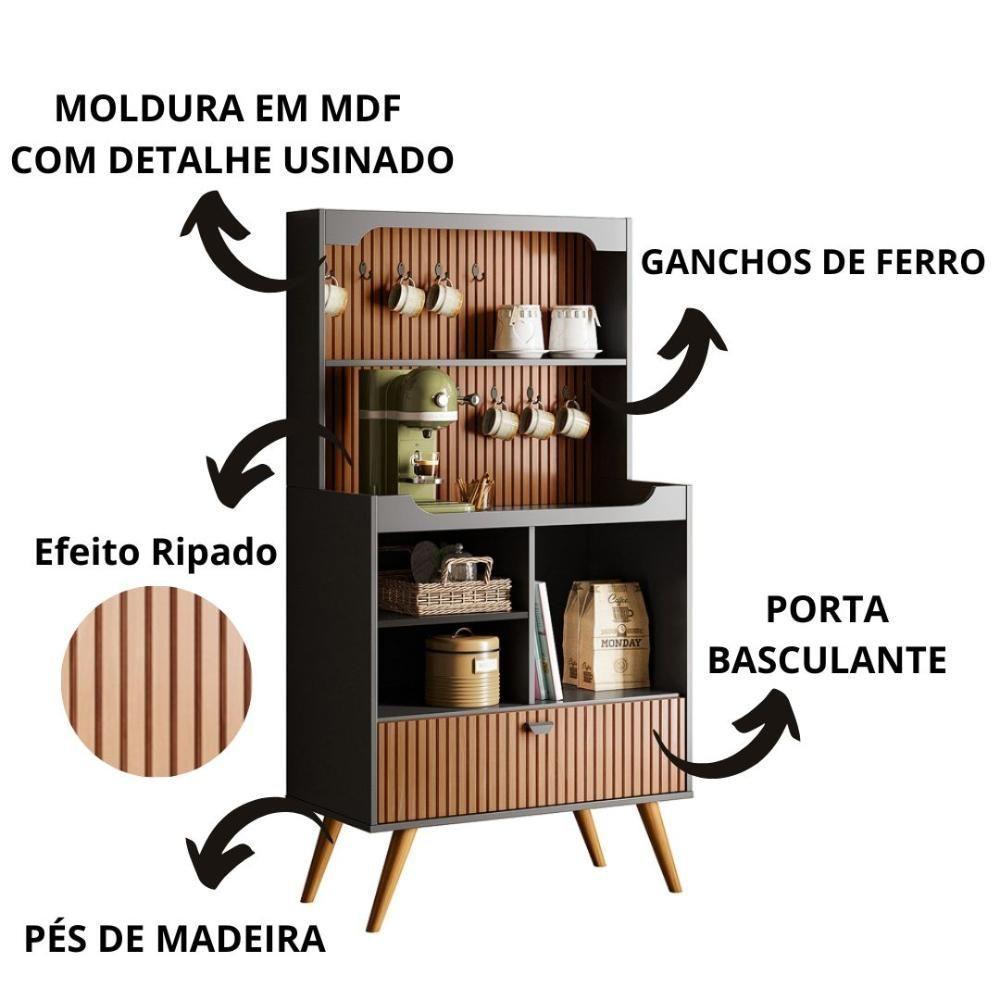 Cantinho Do Café Rubi - 1 Porta Basculante E Pés Em Madeira Preto Fosco-tauari Ripado - Lukaliam Móveis Preto Fosco-tauari Ripado - 2