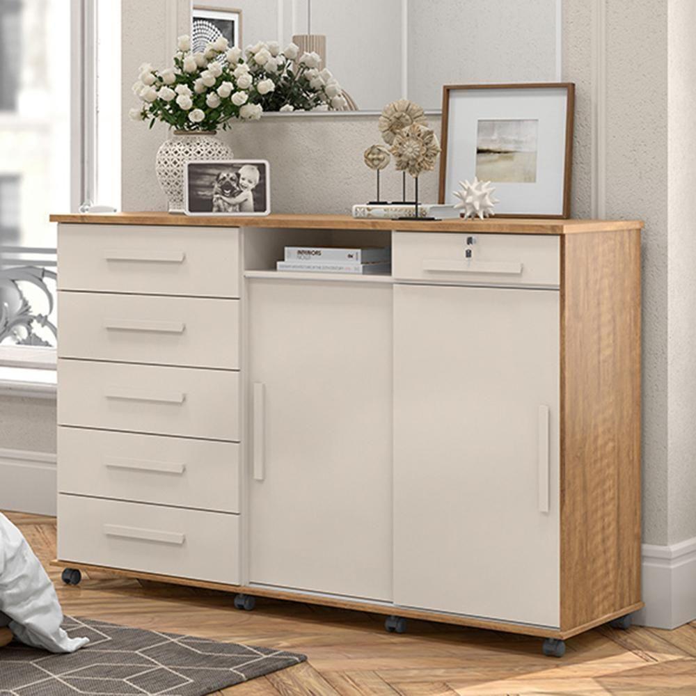 Cômoda Max 2020 06 Gavetas 02 Portas Off White Com Amêndoa - Lukaliam Móveis - 1