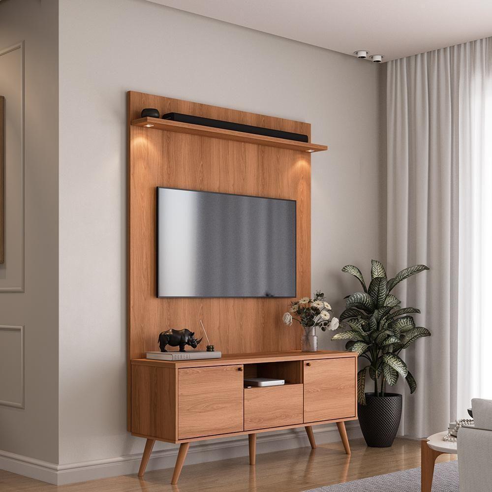 Rack River Com Painel Led - Efeito Ripado Para Tv Até 70'' 2 Portas E 1 Gaveta - Lukaliam Móveis Jequitiba Jequitiba - 3