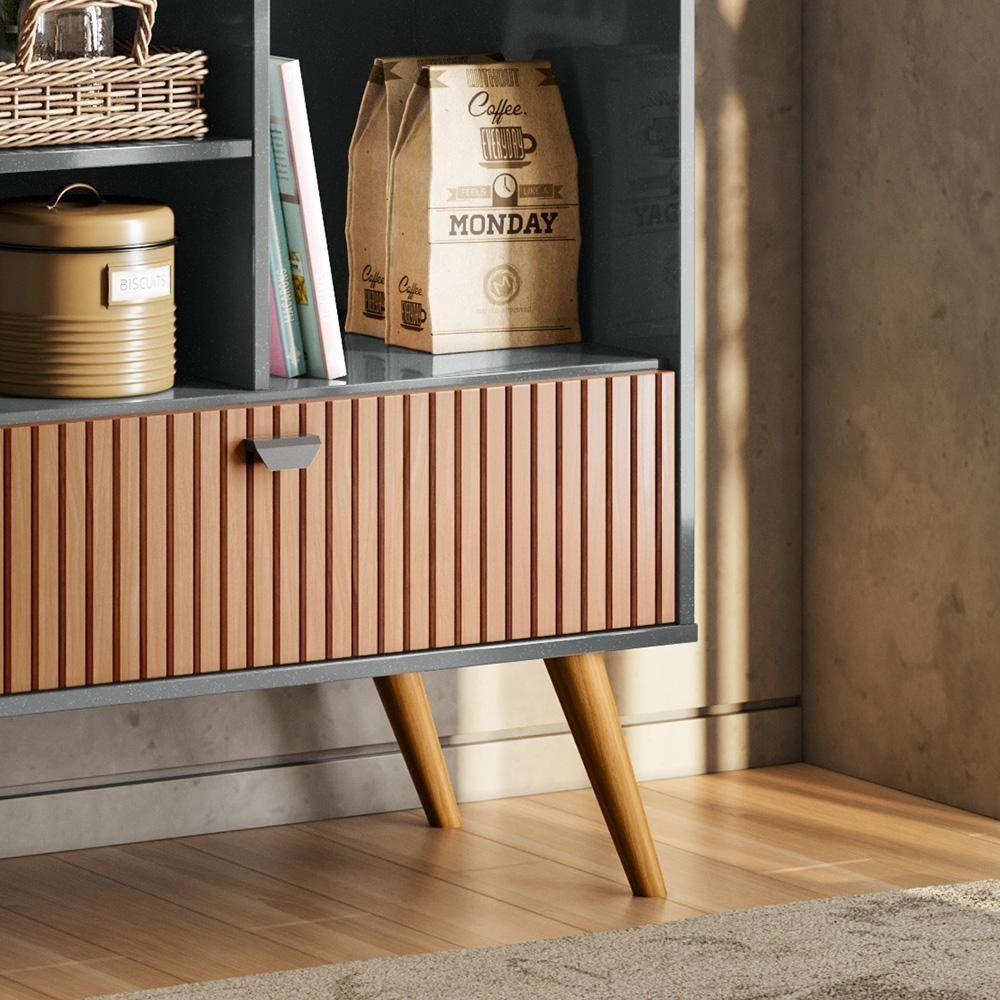 Cantinho Do Café Rubi - 1 Porta Basculante E Pés Em Madeira Cinza Perolizado-tauari Ripado - Lukaliam Móveis Cinza Perolizado-tauari Ripado - 4