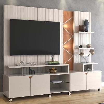 Rack Lukaliam Móveis C- Painel Para Tv Até 55 Led Frisado 2,10m Off White Perolizado Com Jequitiba