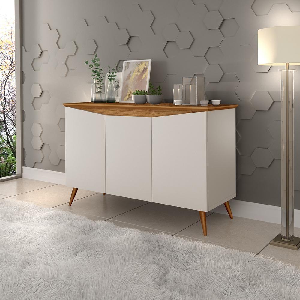 Aparador Buffet Encanto 3 Portas Retrô Com Pés De Madeira Off White - Nature - 1