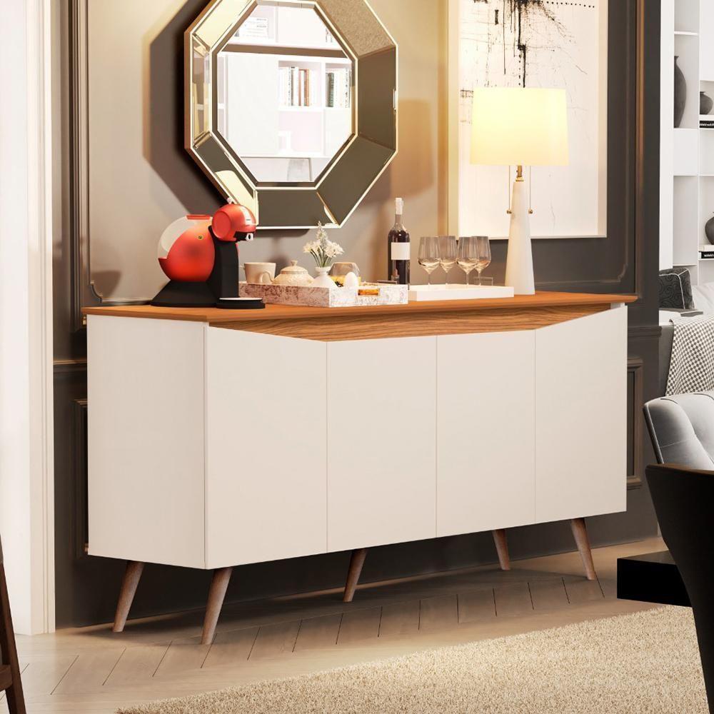 Aparador Buffet Encanto 4 Portas Retrô Com Pés De Madeira Off White - Nature Off White - Nature - 1