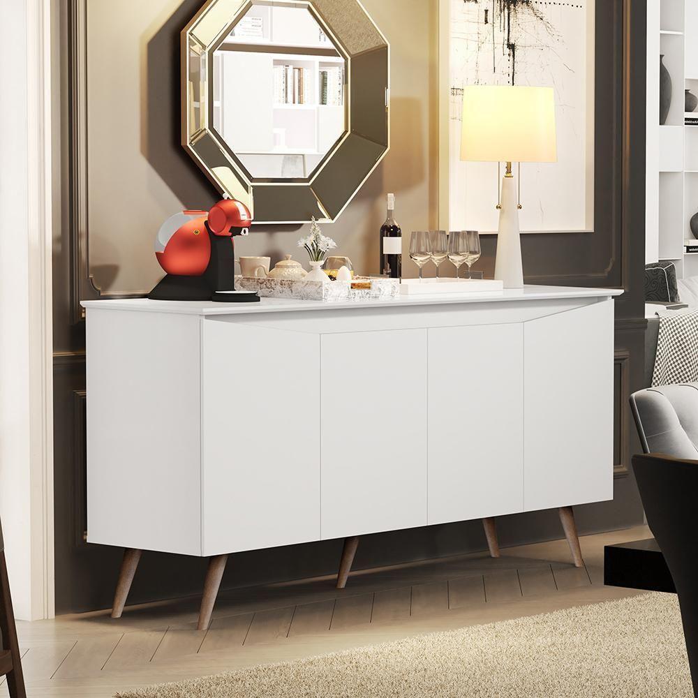 Aparador Buffet Encanto 4 Portas Retrô Com Pés De Madeira Branco - 1
