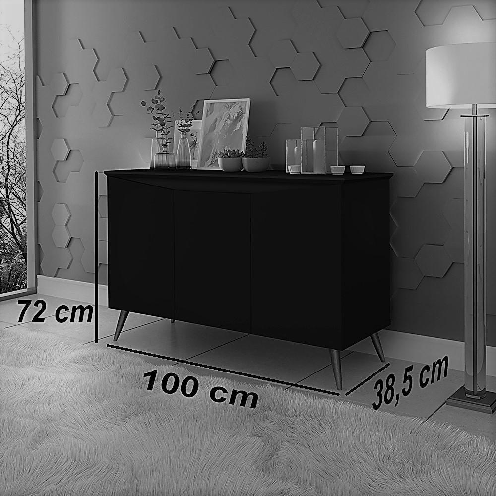 Aparador Buffet Encanto 3 Portas Retro Com Pés De Madeira Preto - 2