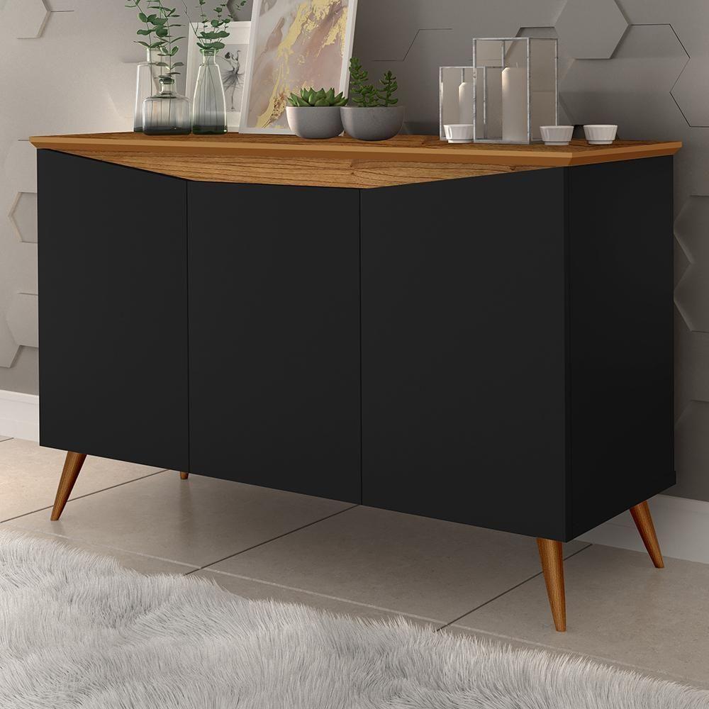 Aparador Buffet Encanto 3 Portas Retrô Com Pés De Madeira Preto - Nature - 3