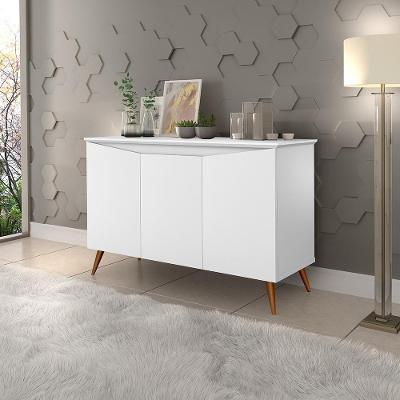 Aparador Buffet Encanto 3 Portas Retrô Com Pés De Madeira Branco