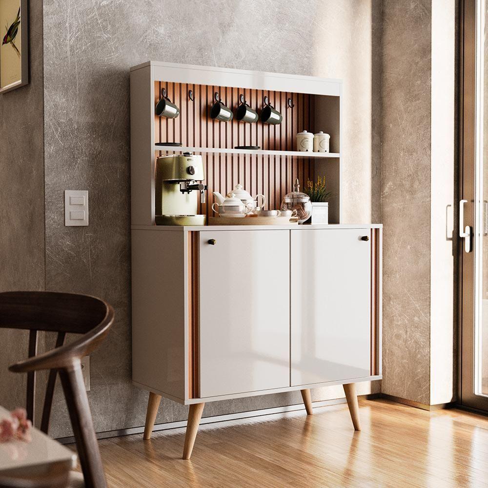 Aparador Buffet Cantinho Do Café Dolce Com Efeito Ripado Movelove - Off White Perolizado-freijó Ripado - 1