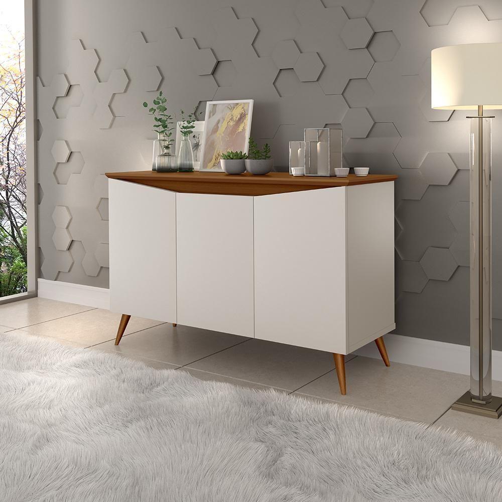 Aparador Buffet Encanto 3 Portas Retro Com Pés De Madeira Off White - Freijó - 1