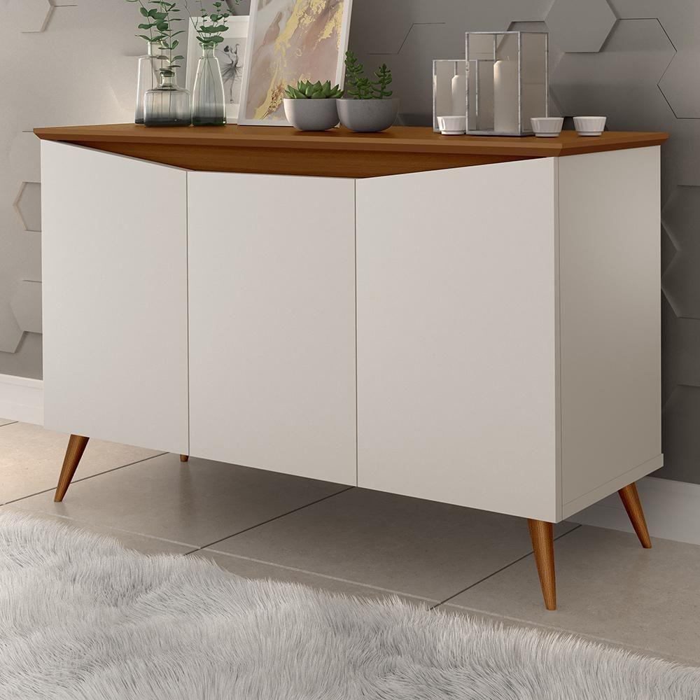 Aparador Buffet Encanto 3 Portas Retro Com Pés De Madeira Off White - Freijó - 3
