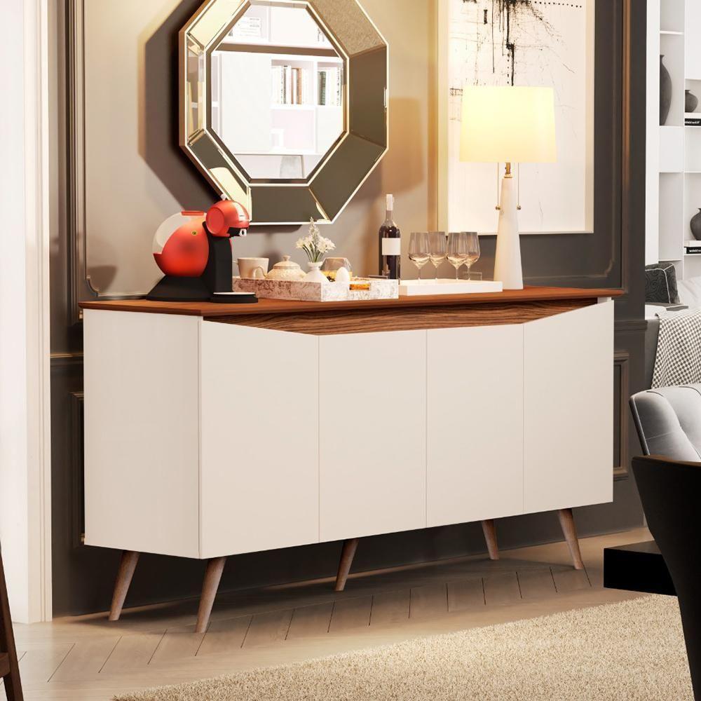 Aparador Buffet Encanto 4 Portas Retrô Com Pés De Madeira Off White - Freijó - 1