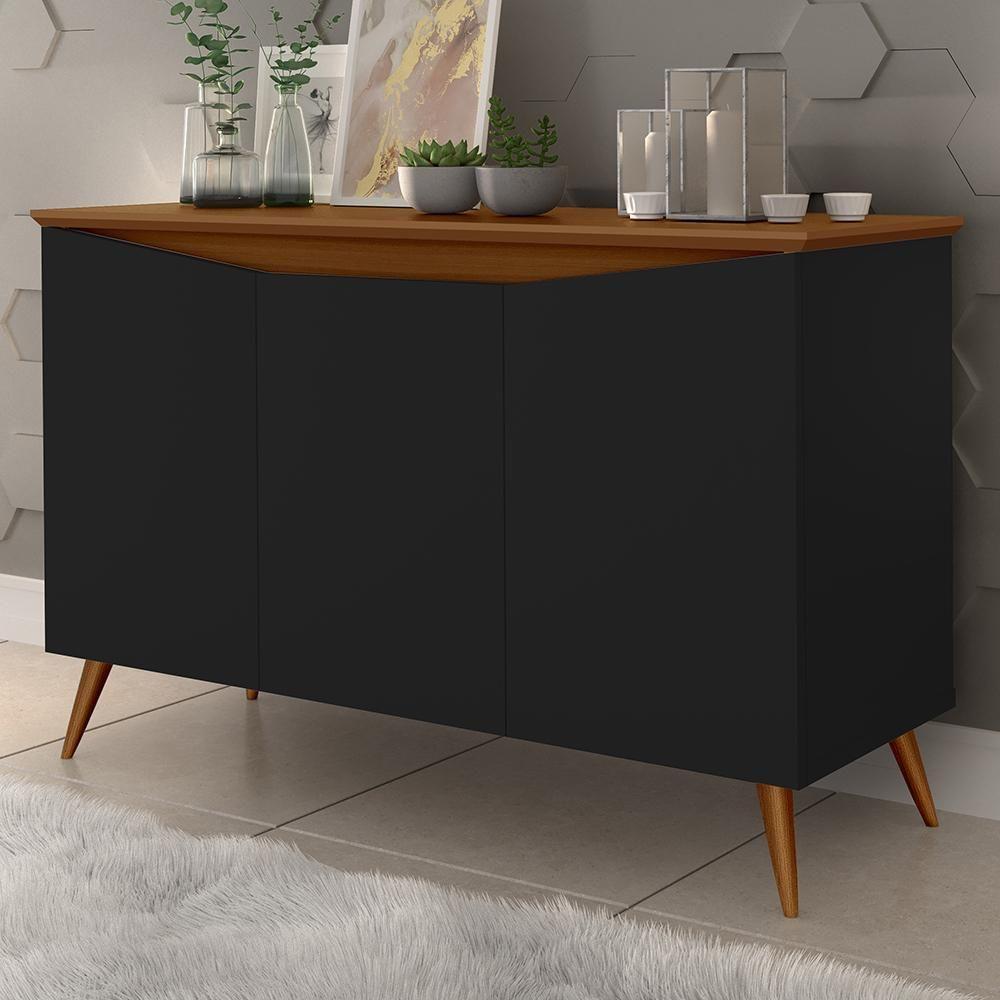 Aparador Buffet Encanto 3 Portas Retrô Com Pés De Madeira Preto - Freijó - 3