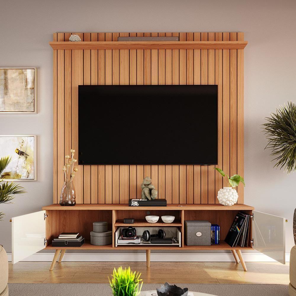 Rack Com Painel Sevilla - Mdp Efeito Ripado 3d Jequitibá-off White - Lukaliam Móveis - 3