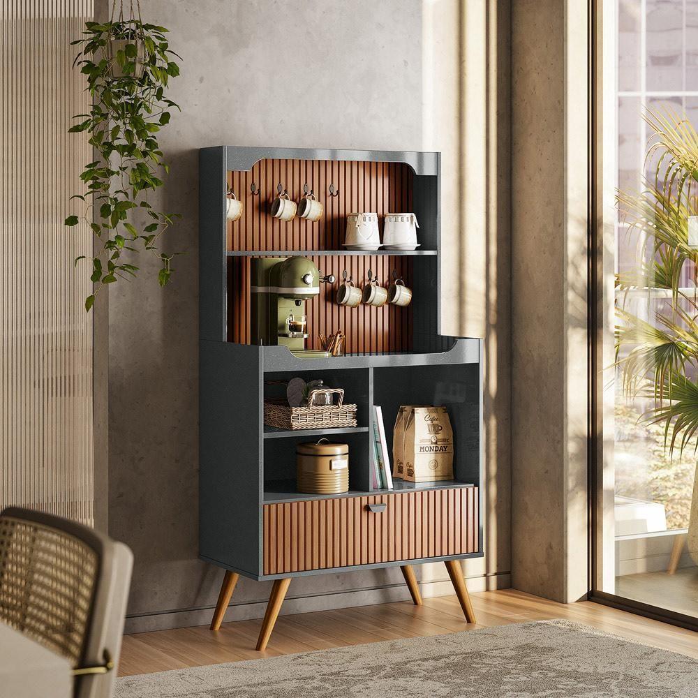 Cantinho Do Café Rubi - 1 Porta Basculante Em Mdf Cinza Perolizado-tauari Ripado - Lukaliam Móveis - 1