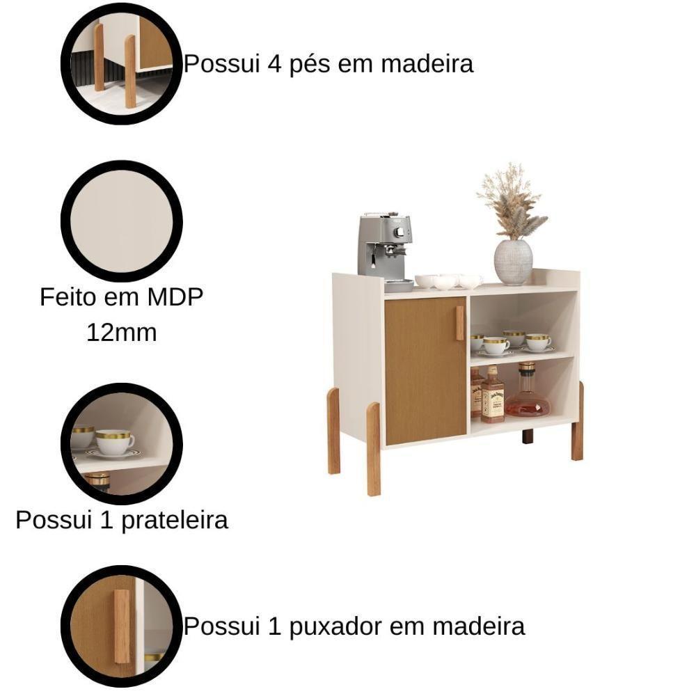 Aparador Cantinho Do Café Luxor - Mdp Com Pés E Puxadores De Madeira Cedro-off White - Sal Movelaria - 3