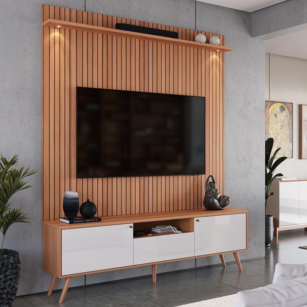 Rack Movelove 2 Portas E 1 Gaveta Com Painel Led Para Tv 70 Polegadas River 183cm Jequitiba Ripado-off White Jequitiba Ripado-off White - 1