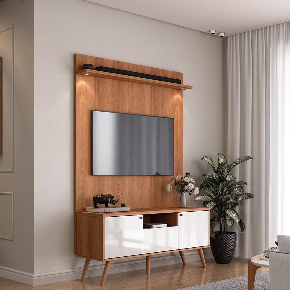 Rack River Com Painel Led - Efeito Ripado Para Tv Até 70'' 2 Portas E 1 Gaveta - Lukaliam Móveis Jequitiba-off White Jequitiba-off White - 3