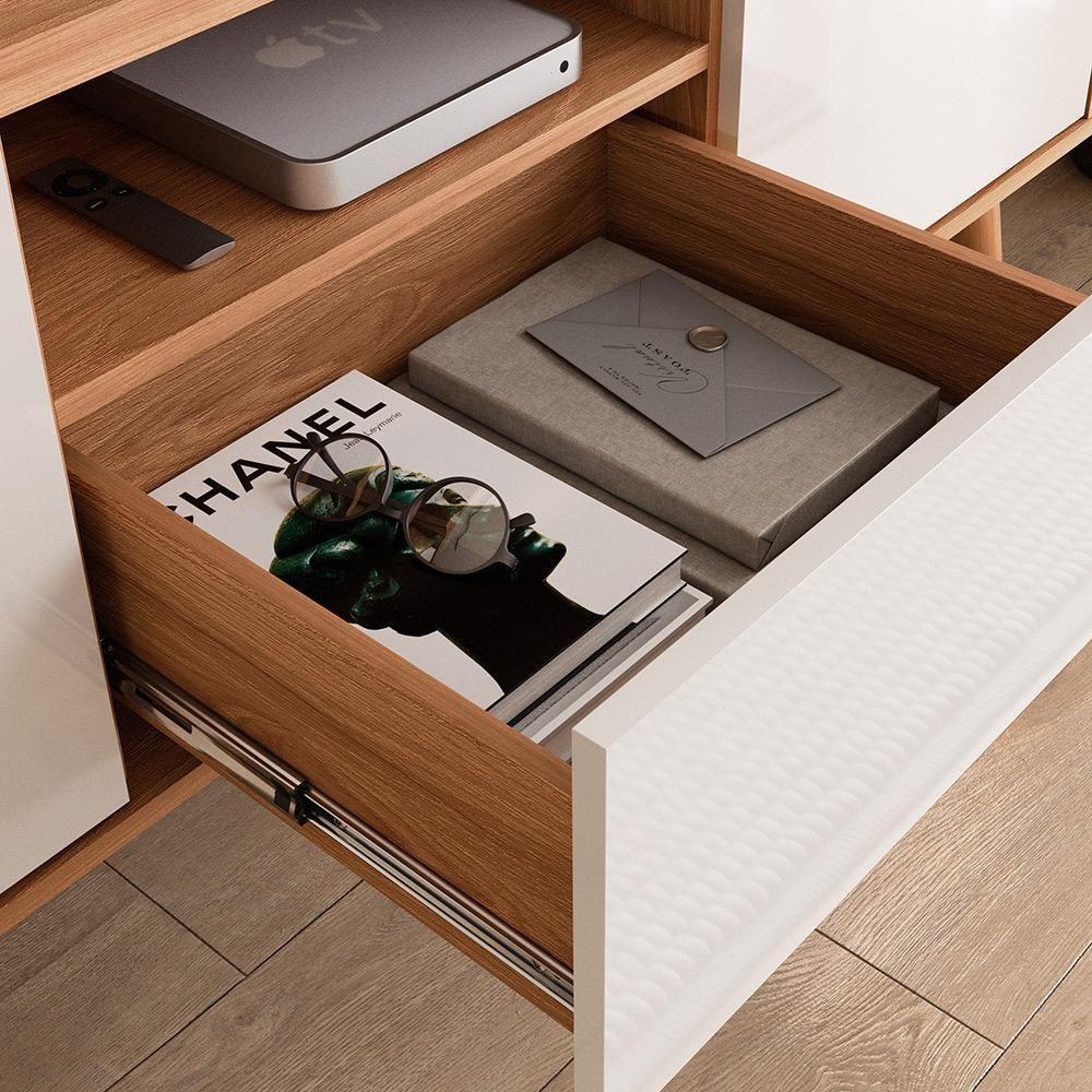 Rack River Com Painel Led - Efeito Ripado Para Tv Até 70'' 2 Portas E 1 Gaveta - Lukaliam Móveis Jequitiba-off White Jequitiba-off White - 4