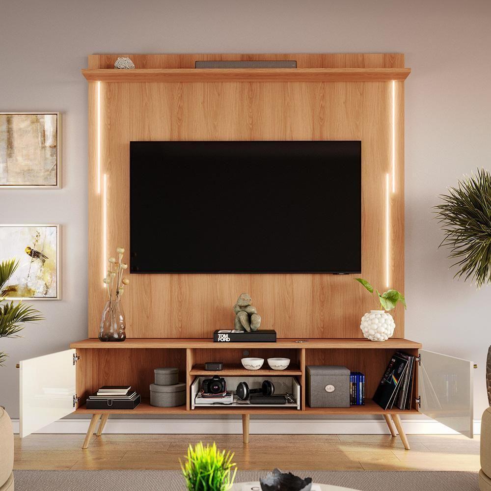 Rack Com Painel Sevilla - Mdp Efeito Ripado 3d Jequitibá-off White - Lukaliam Móveis - 3