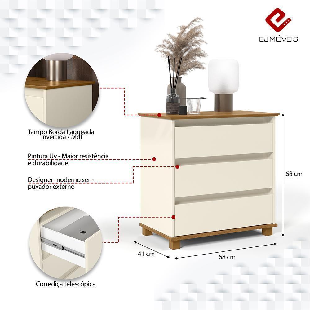 Cômoda Mini Ej Versatil 3 Gavetas Com Pés De Madeira Off White - Freijó - 2