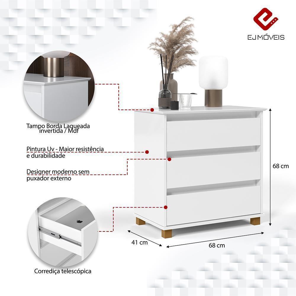 Cômoda Mini Ej Versátil - 3 Gavetas Pés De Madeira Corrediças Telescópicas Mdf-mdp Branco - Ej Móveis - 2