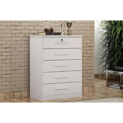 Cômoda de Quarto Suíça Austria 5 Gavetas em MDF com Puxador MDF Branco Fosco