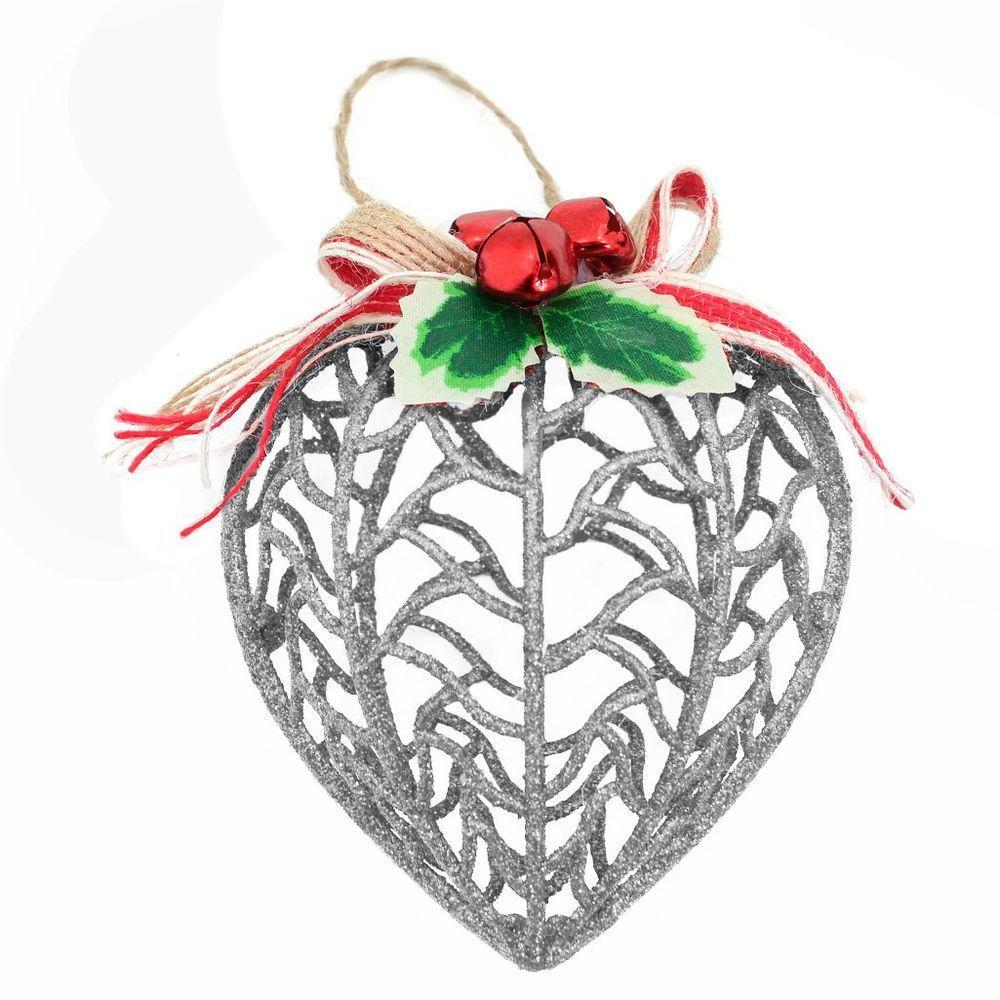 Kit Conjunto 9 Peças Decoração Enfeite Bola Coração árvore Natal Prata Glitter Natalina 11,5cm - 1