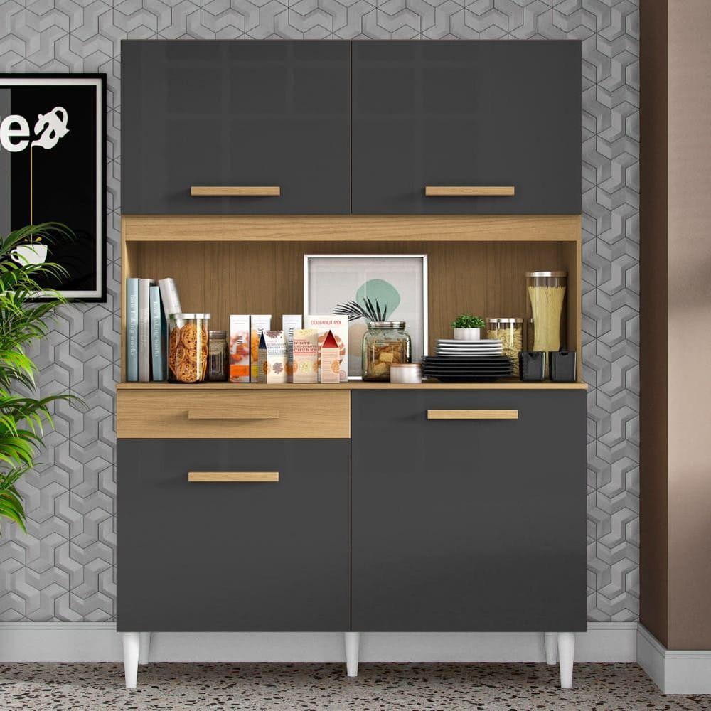 Armário De Cozinha Completa Perola Aramóveis Madeirado Grafite - 2