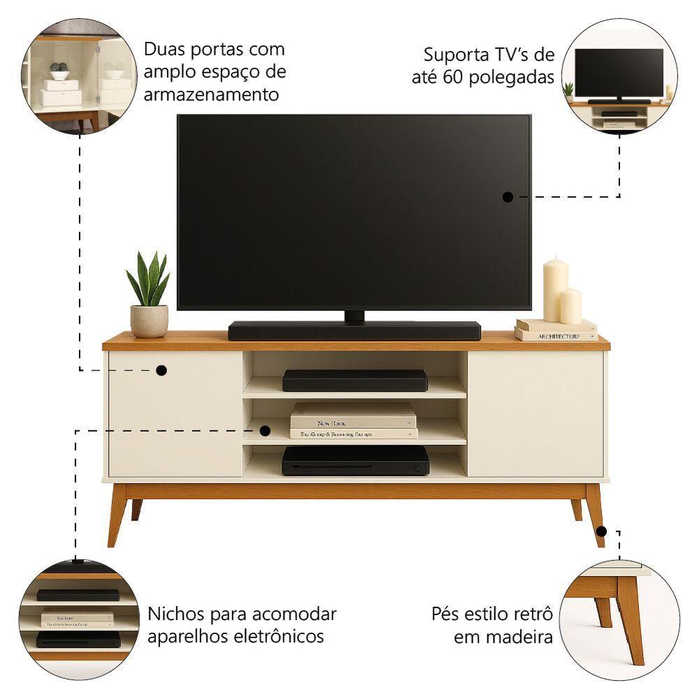 Rack Bancada Para Tv Até 60 Polegadas 1,60m 2 Portas 3 Nichos Titan Off White / Madeirado Edn Off White / Madeirado - 3