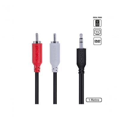 Cabo De áudio 2 Rca Macho Para P2 3.5mm Macho 28awg Puro Cobre 1 Metro - P2r35-1