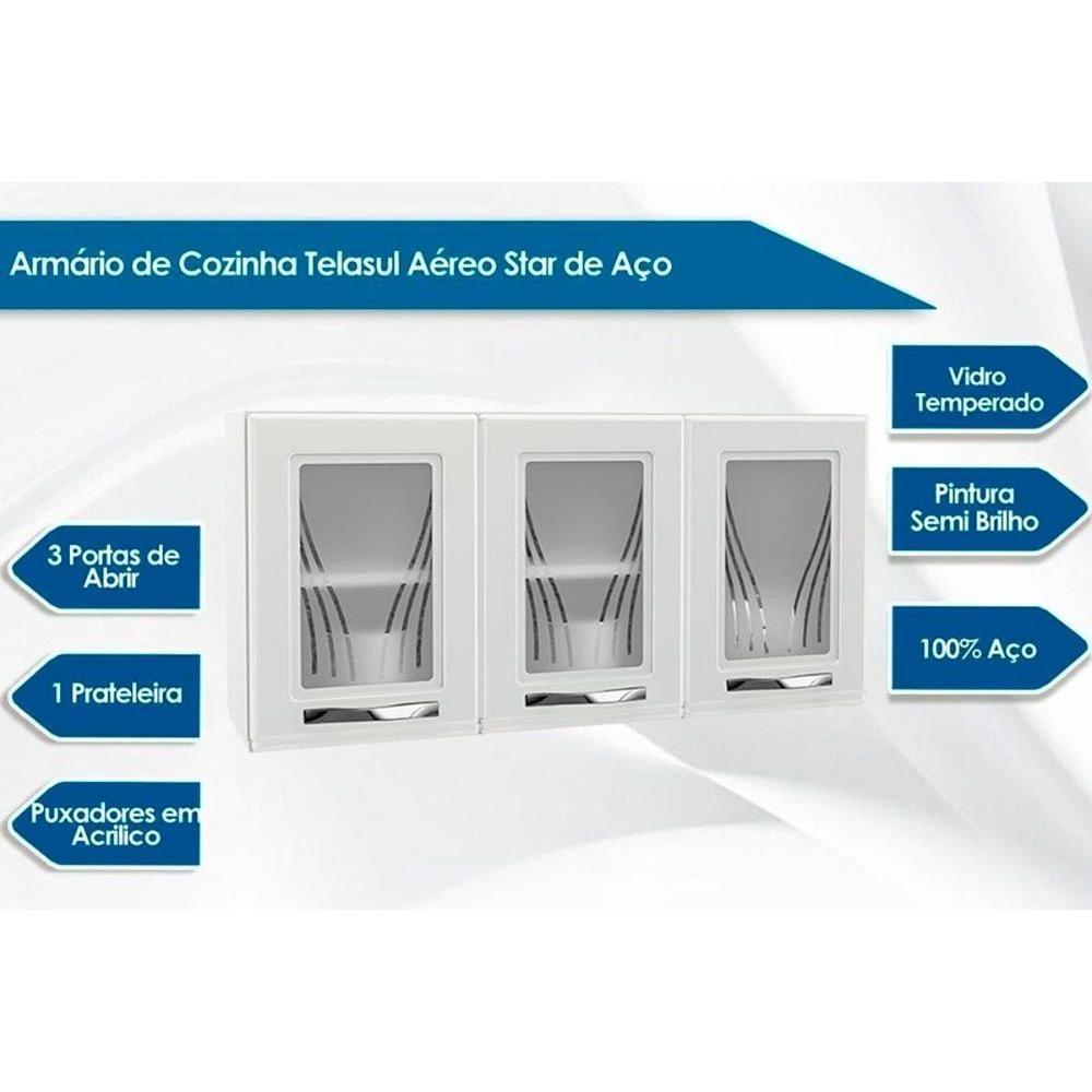 Armário Aéreo p/ Cozinha  Star New c/ 3 Portas c/Vidro 120cm Branco - Telasul - 6