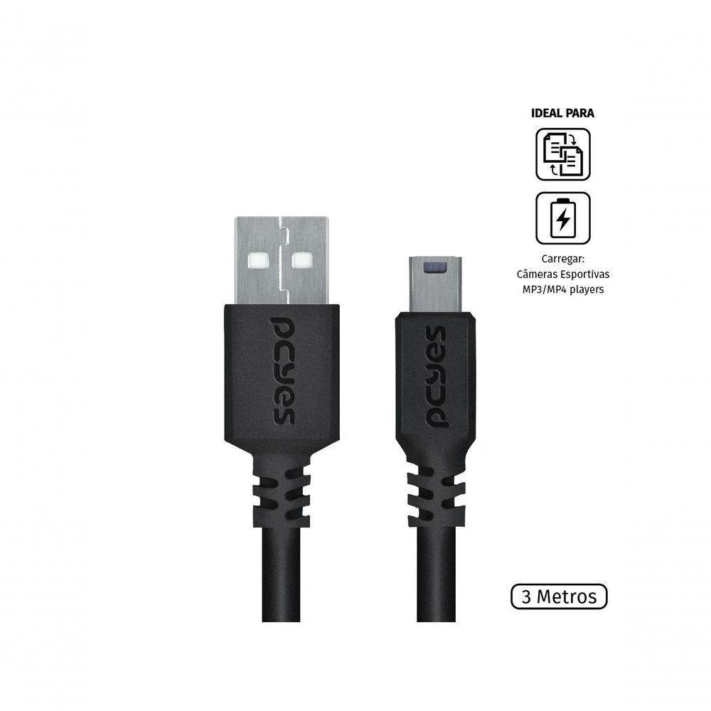 Cabo Usb A 2.0 Macho Para Mini Usb B Macho 28awg Puro Cobre 3 Metros - Puanm2-3 - 2