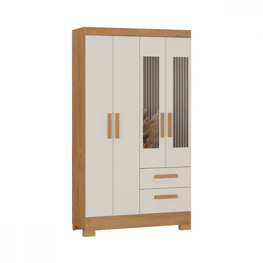 Guarda Roupa Solteiro Com Espelho 4 Portas Fortaleza Atualle Canelato Rustico Com Off White - 1