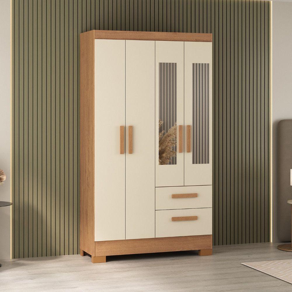 Guarda Roupa Solteiro Com Espelho 4 Portas Fortaleza Atualle Canelato Rustico Com Off White - 2