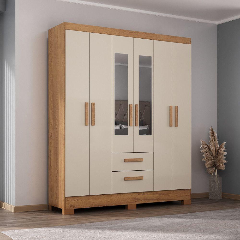 Guarda Roupa Casal Com Espelho 6 Portas Fortaleza Atualle Canelato Rustico Com Off White - 2