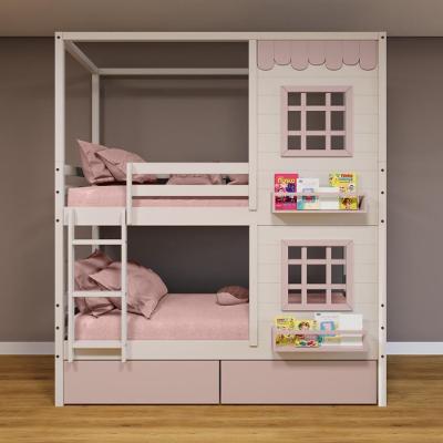 Beliche Casinha Reta 02 Janelas E 02 Gavetas Rosa Madeira Maciça Branco/ Rosa Housin