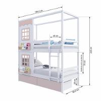 Beliche Casinha Reta 02 Janelas E 02 Gavetas Rosa Madeira Maciça Branco/ Rosa Housin - 3