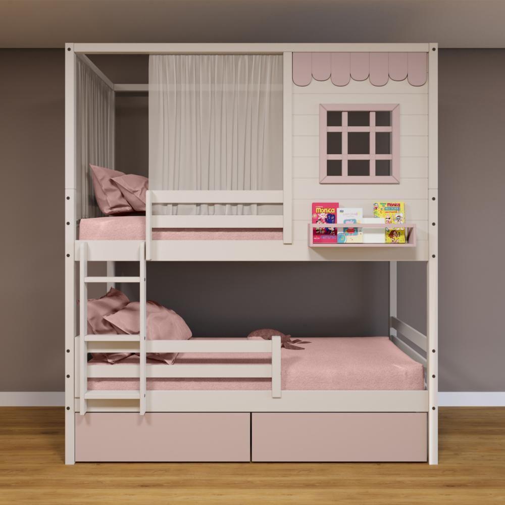 Beliche Casinha Reta 02 Gavetas Rosa Grade Removível E Cortina Madeira Maciça Branco/ Rosa Housin - 1