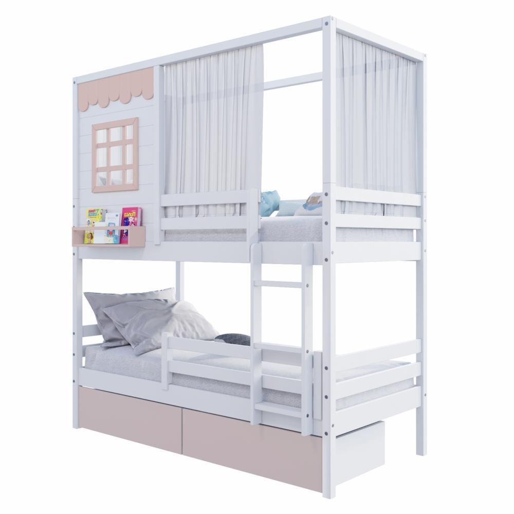 Beliche Casinha Reta 02 Gavetas Rosa Grade Removível E Cortina Madeira Maciça Branco/ Rosa Housin - 2