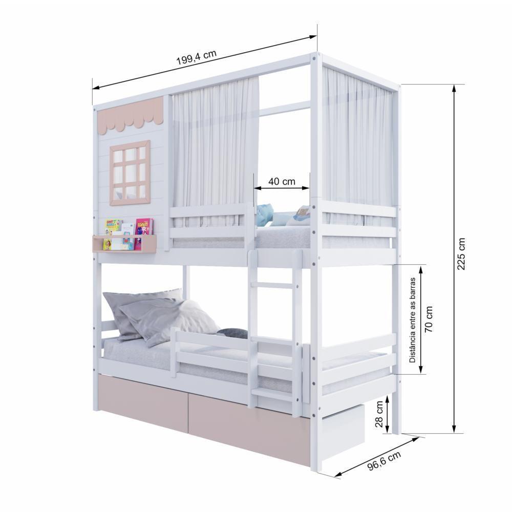 Beliche Casinha Reta 02 Gavetas Rosa Grade Removível E Cortina Madeira Maciça Branco/ Rosa Housin - 4